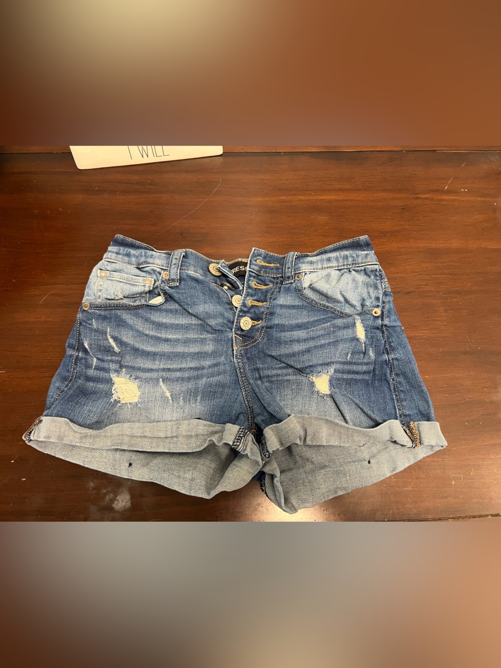 Express Women's Distressed Rolled-Hem Denim Shorts - Blue